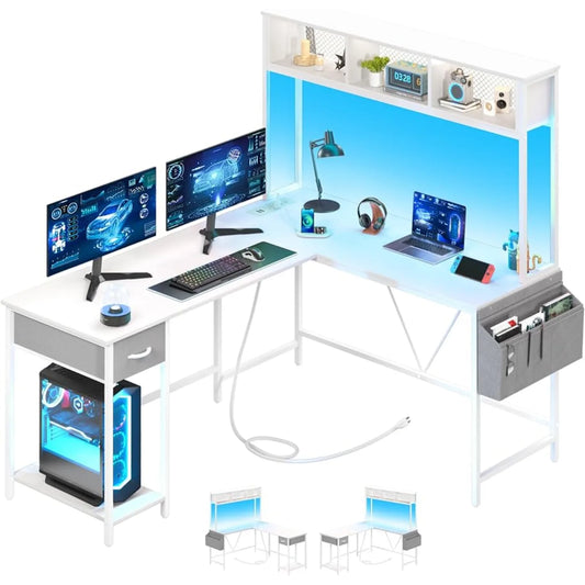 Ali Yoobure L Shaped Desk Gaming Desk with LED Strip & Power Outlet Reversible L-Shaped Computer Desk with Storage Shelf & Drawer
