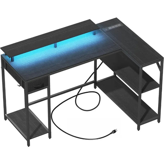 Ali Eivanet L Shaped Gaming Desk with Power Outlet & LED Light, Corner Gaming Desk with Hook & Monitor Stand, Reversible Computer