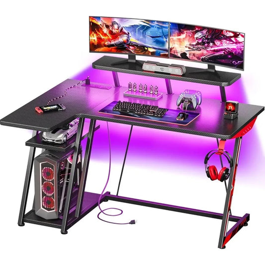Ali L Shaped Gaming Desk With LED Lights & Power Outlets Table for Laptop Bed Table Values Corner Desk With Carbon Fiber Texture