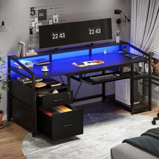 Ali Computer Desk, Office Desk with Lockable Drawers for Legal/Letter File, Gaming Desk with LED Lights & Power Outlet