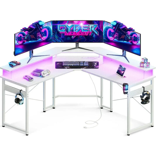 Ali L Shaped Gaming Desk with LED Lights & Power Outlets, 51" Computer Desk with Full Monitor Stand, Corner Desk with Cup Holder