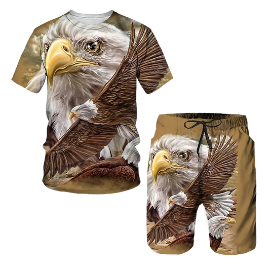 Ali Summer Men's T-shirt+Beach Pants Eagle USA Flag 3D Print Swimming Trunks Leisure Fashion Short Sleeve Full Set of Clothing