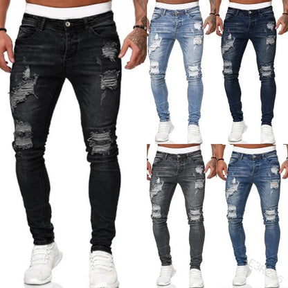 Ali Fashion Street Style Ripped Skinny Jeans Men Vintage wash Solid Denim Trouser Mens Casual Slim fit pencil denim Pants hot sale