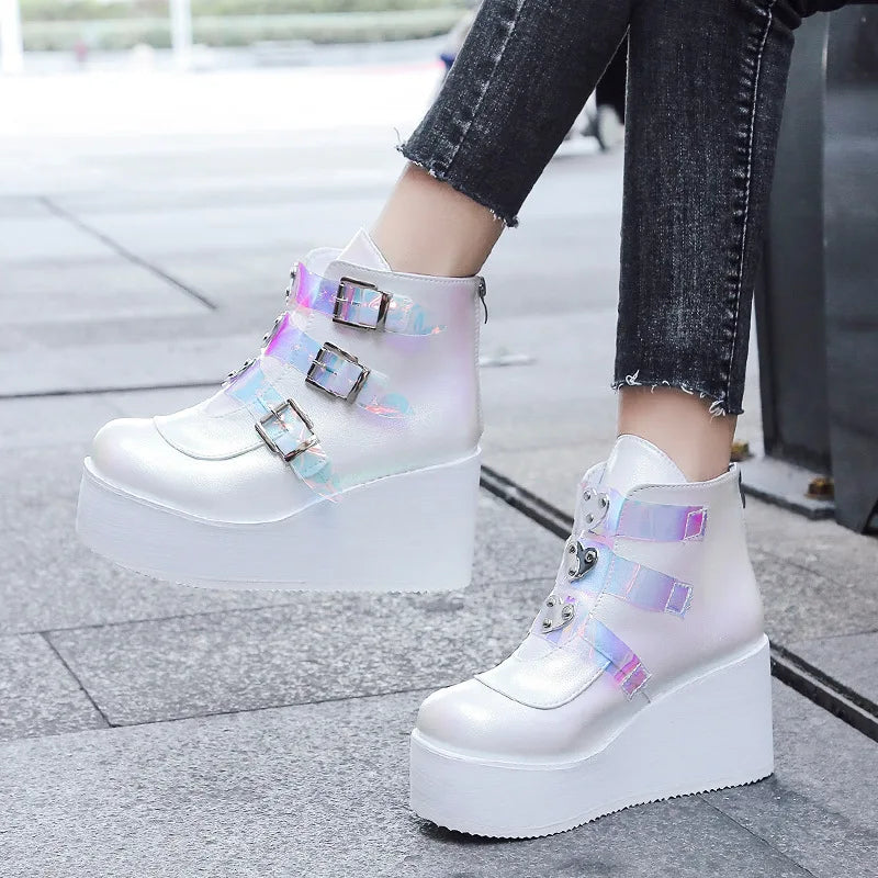 Ali Size 42 43 Goth Shoes Winter Buckle Ankel Boots Women Punk Female Platform Boots Wedges High Heels Women Boots Botas Mujer