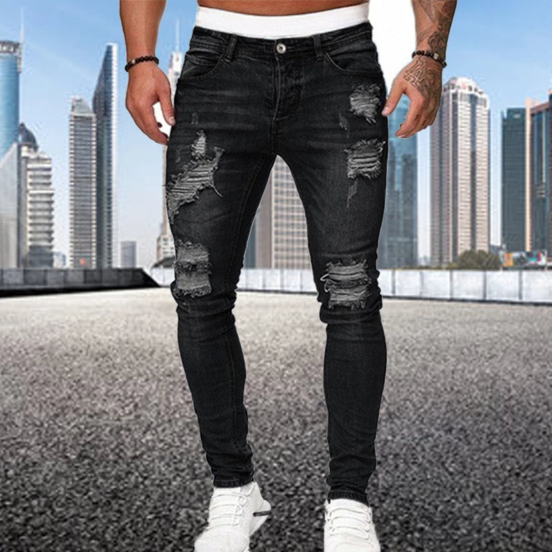 Ali Fashion Street Style Ripped Skinny Jeans Men Vintage wash Solid Denim Trouser Mens Casual Slim fit pencil denim Pants hot sale