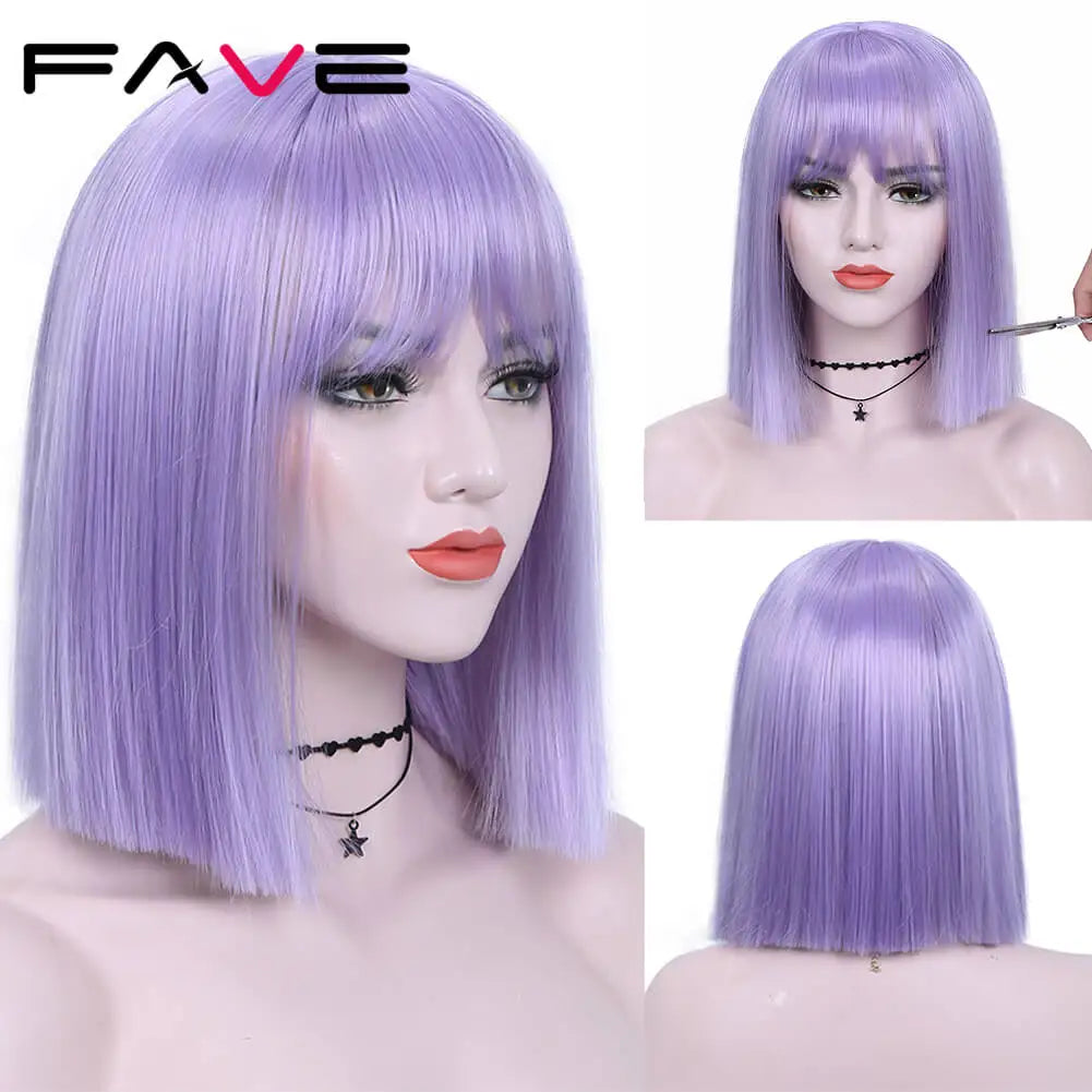 Ali Synthetic Hair FAVE Wig With Bangs Light Purple Shoulder Length Synthetic Hair Bob Straight Hair For Black And White Women Daily Life Party