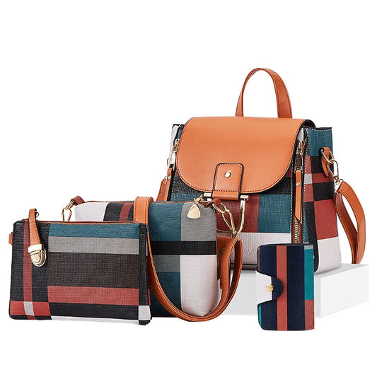Ali 4 Pcs Set Ladies HandBags Large Capacity Handbags Plaid Color Backpack For Female PU Leather Fashion Tote Shoulder Crossbody Bag