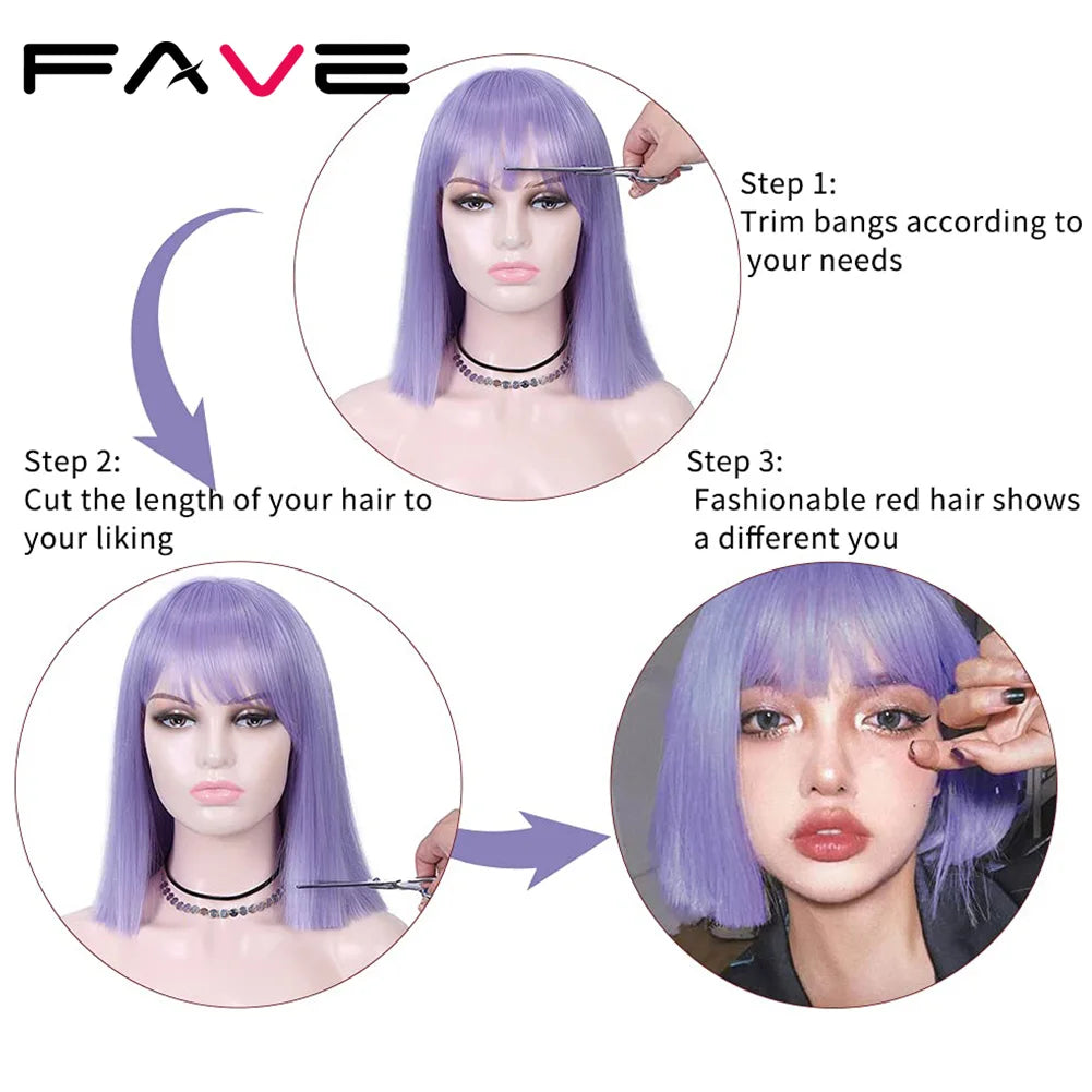 Ali Synthetic Hair FAVE Wig With Bangs Light Purple Shoulder Length Synthetic Hair Bob Straight Hair For Black And White Women Daily Life Party