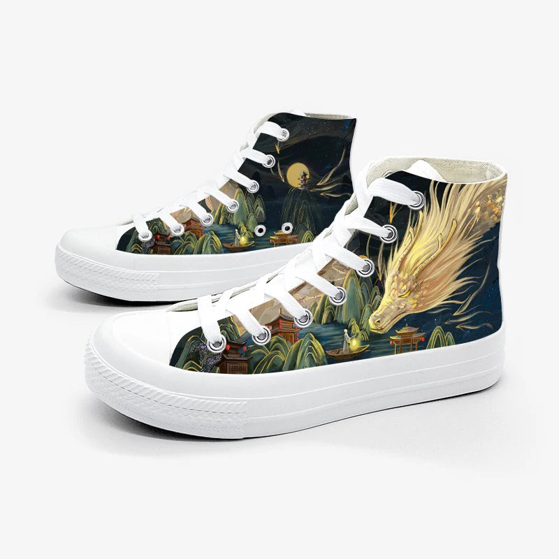 Ali Amy and Michael Designer Graffiti Fashion Dragons Women‘s Canvas Sneakers Unisex Students Casual High Top Hand Painted Shoes