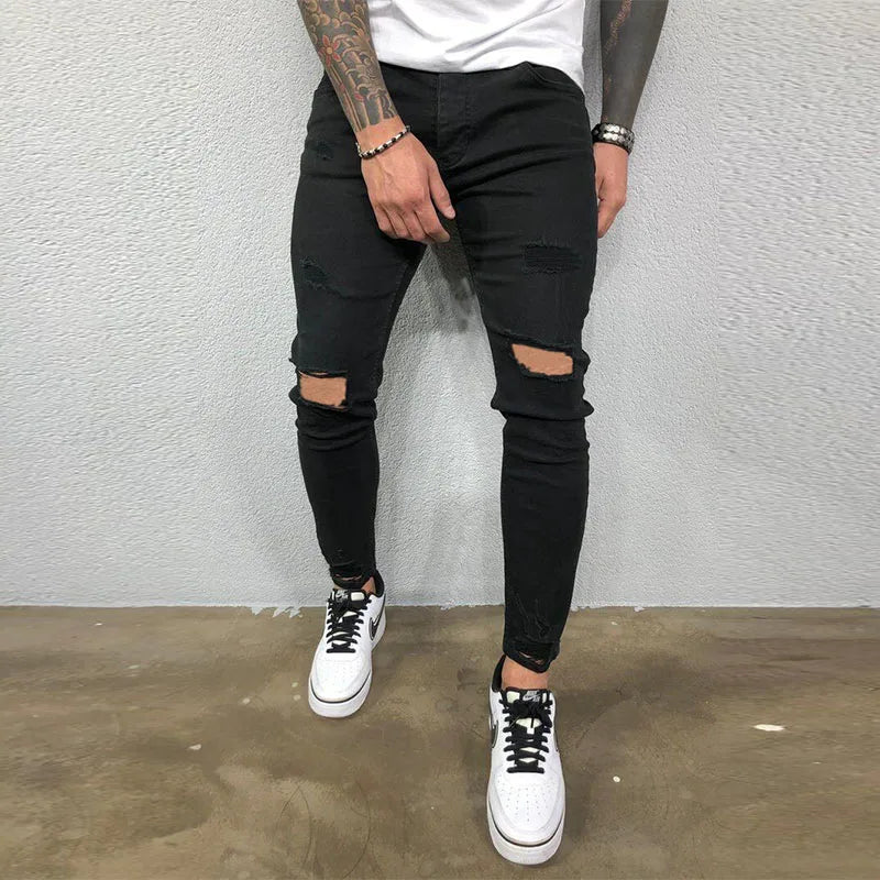 Ali Men Jeans Knee Hole Ripped Stretch Skinny Denim Pants Solid Color Black Blue Autumn Summer Hip-Hop Style Slim Fit Trousers S-4XL