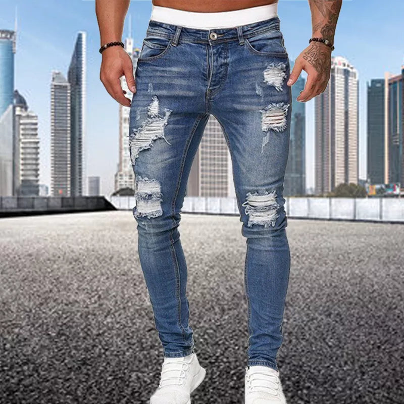 Ali Fashion Street Style Ripped Skinny Jeans Men Vintage wash Solid Denim Trouser Mens Casual Slim fit pencil denim Pants hot sale