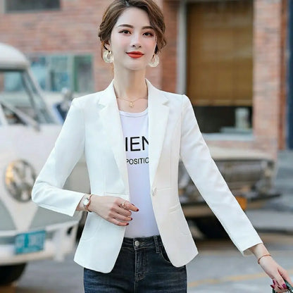 Ali PEONFLY Women Blazer 2024 Formal Blazers Lady Office Single Button Pockets Jackets Coat Slim Black Women Blazer Femme Jackets