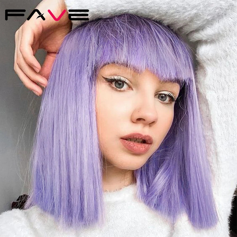 Ali Synthetic Hair FAVE Wig With Bangs Light Purple Shoulder Length Synthetic Hair Bob Straight Hair For Black And White Women Daily Life Party