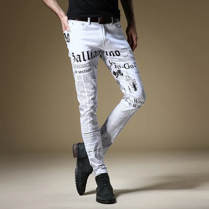 Ali Men's Jeans Free shipping new fashion male men's Jeans Slim Newspaper style high street jeans tide brand hip hop white trousers Korean style