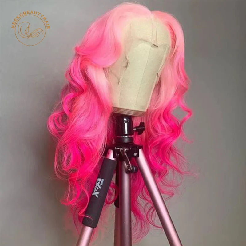 Ali Ali Lace Frontal Wigs Ombre Light Pink Dark Pink Wavy 13X4 Lace Front Wig 180% Density 2 Tones Colored Human Hair Wigs Body Wave Wig