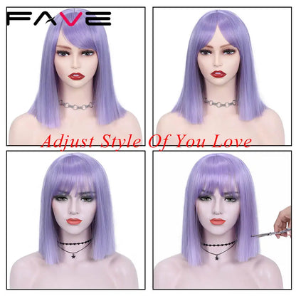 Ali Synthetic Hair FAVE Wig With Bangs Light Purple Shoulder Length Synthetic Hair Bob Straight Hair For Black And White Women Daily Life Party