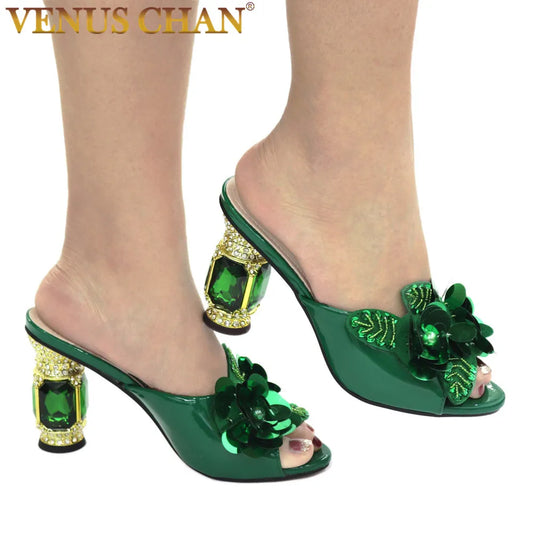 Ali Latest Green Color African Pumps Shoe Summer High Heels Italy Women Wedding Shoes Rhinestone Elegant Women Summer Slipper Shoes