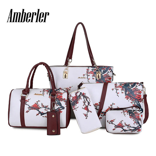 Ali Amberler Luxury Women PU Leather Handbags Women Printed Bags Designer 6 Pieces Set Shoulder Crossbody Bags For Women Big Tote