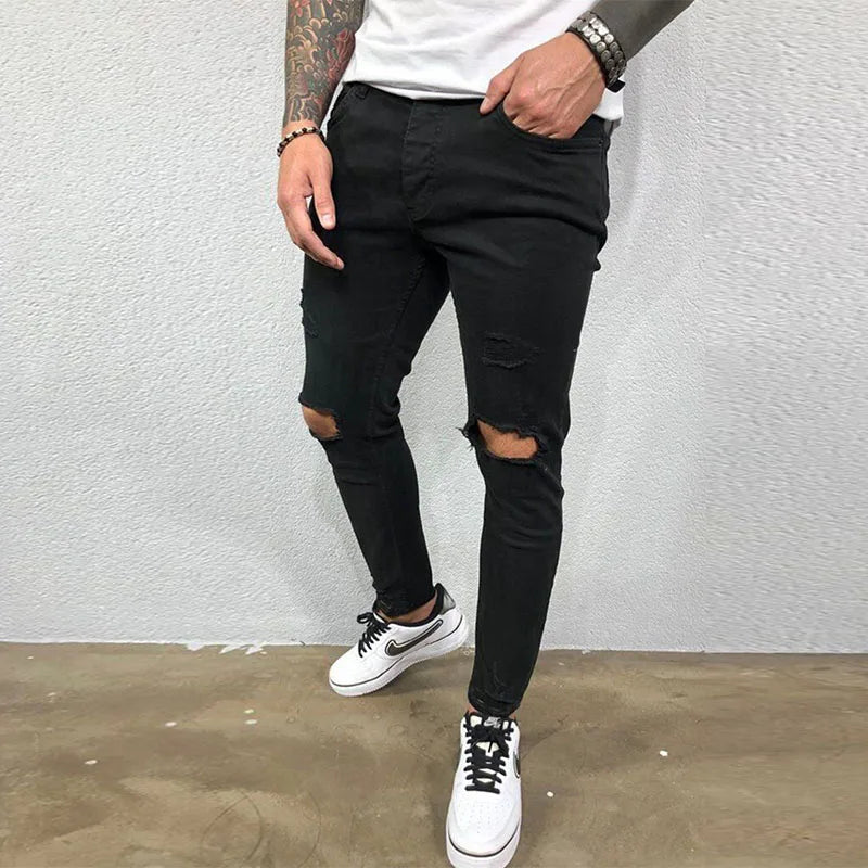 Ali Men Jeans Knee Hole Ripped Stretch Skinny Denim Pants Solid Color Black Blue Autumn Summer Hip-Hop Style Slim Fit Trousers S-4XL