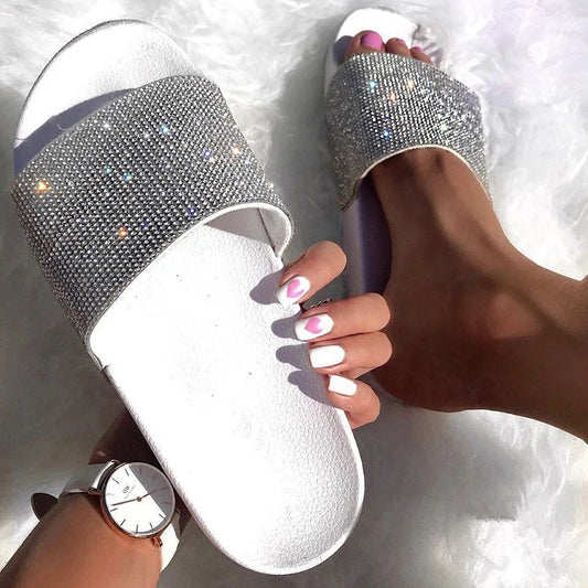 Ali Rhinestone  Bling Beach Slides Women Slippers Flip Flops Summer Casual Shoes Crystal DiamondSandals Slip On Flat Footwear