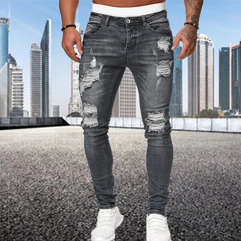 Ali Fashion Street Style Ripped Skinny Jeans Men Vintage wash Solid Denim Trouser Mens Casual Slim fit pencil denim Pants hot sale