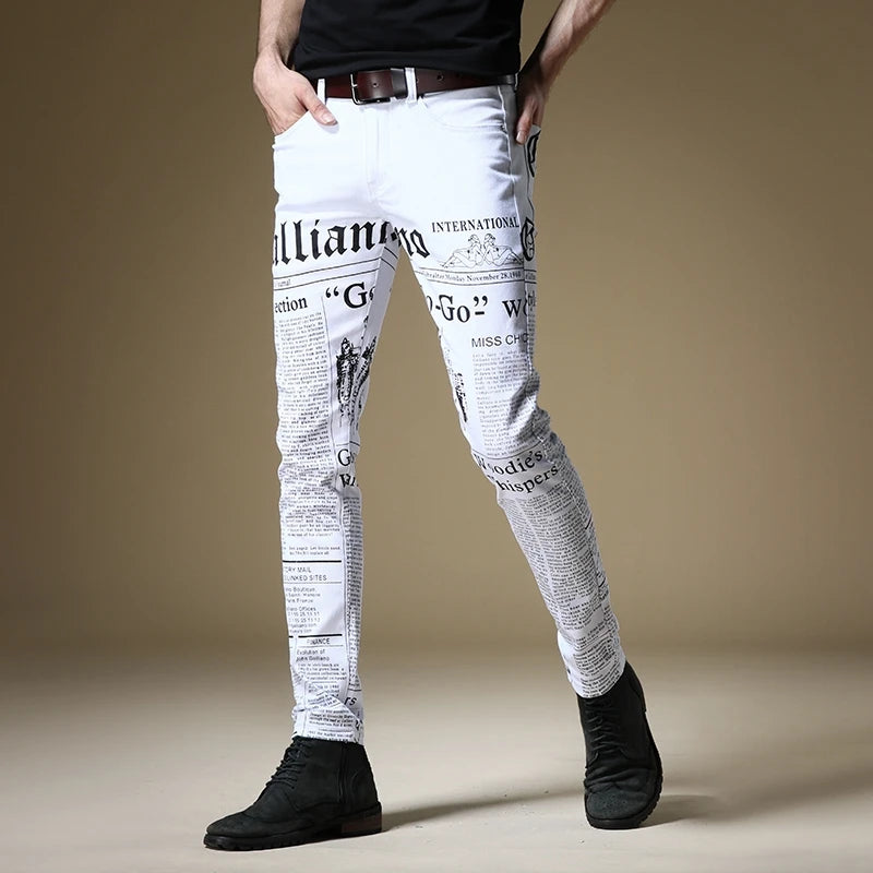 Ali Men's Jeans Free shipping new fashion male men's Jeans Slim Newspaper style high street jeans tide brand hip hop white trousers Korean style