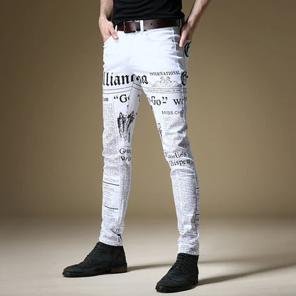 Ali Men's Jeans Free shipping new fashion male men's Jeans Slim Newspaper style high street jeans tide brand hip hop white trousers Korean style