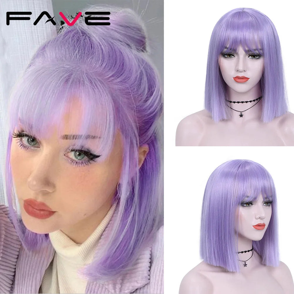 Ali Synthetic Hair FAVE Wig With Bangs Light Purple Shoulder Length Synthetic Hair Bob Straight Hair For Black And White Women Daily Life Party