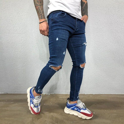 Ali Men Jeans Knee Hole Ripped Stretch Skinny Denim Pants Solid Color Black Blue Autumn Summer Hip-Hop Style Slim Fit Trousers S-4XL