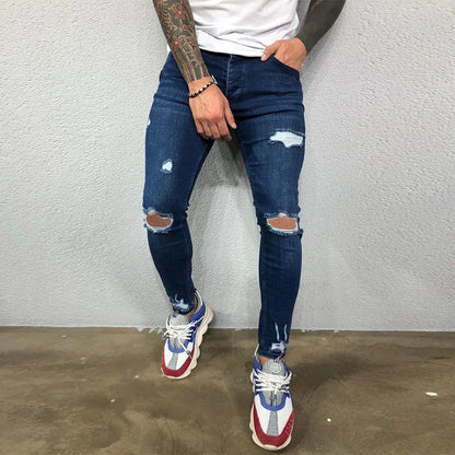 Ali Men Jeans Knee Hole Ripped Stretch Skinny Denim Pants Solid Color Black Blue Autumn Summer Hip-Hop Style Slim Fit Trousers S-4XL