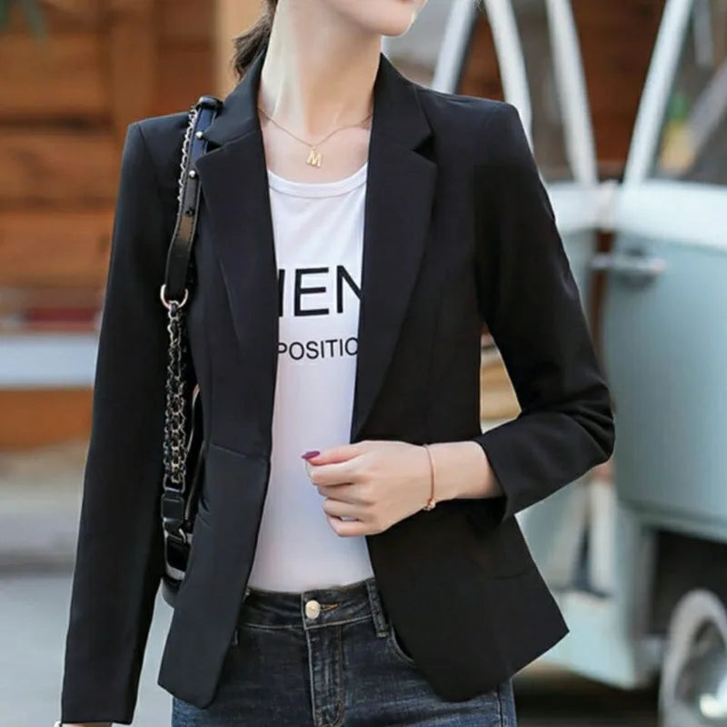 Ali PEONFLY Women Blazer 2024 Formal Blazers Lady Office Single Button Pockets Jackets Coat Slim Black Women Blazer Femme Jackets