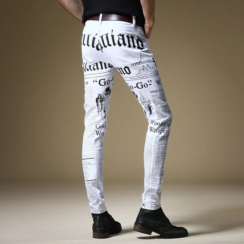 Ali Men's Jeans Free shipping new fashion male men's Jeans Slim Newspaper style high street jeans tide brand hip hop white trousers Korean style