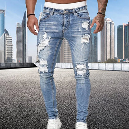 Ali Fashion Street Style Ripped Skinny Jeans Men Vintage wash Solid Denim Trouser Mens Casual Slim fit pencil denim Pants hot sale