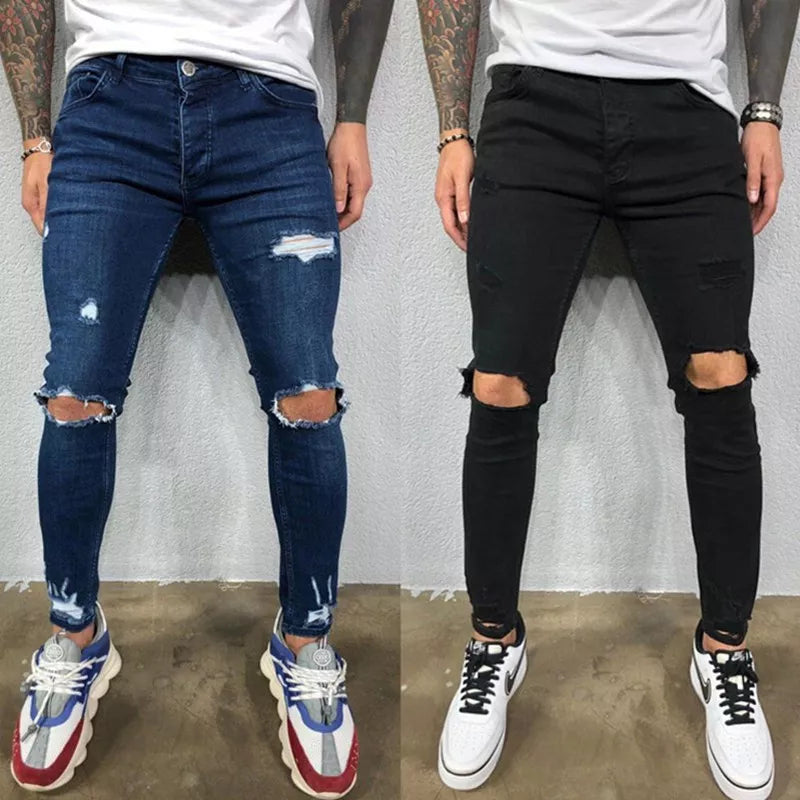 Ali Men Jeans Knee Hole Ripped Stretch Skinny Denim Pants Solid Color Black Blue Autumn Summer Hip-Hop Style Slim Fit Trousers S-4XL