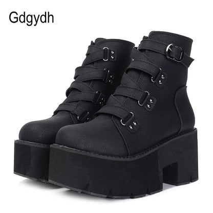 Platform Boots Rubber Sole Buckle Black