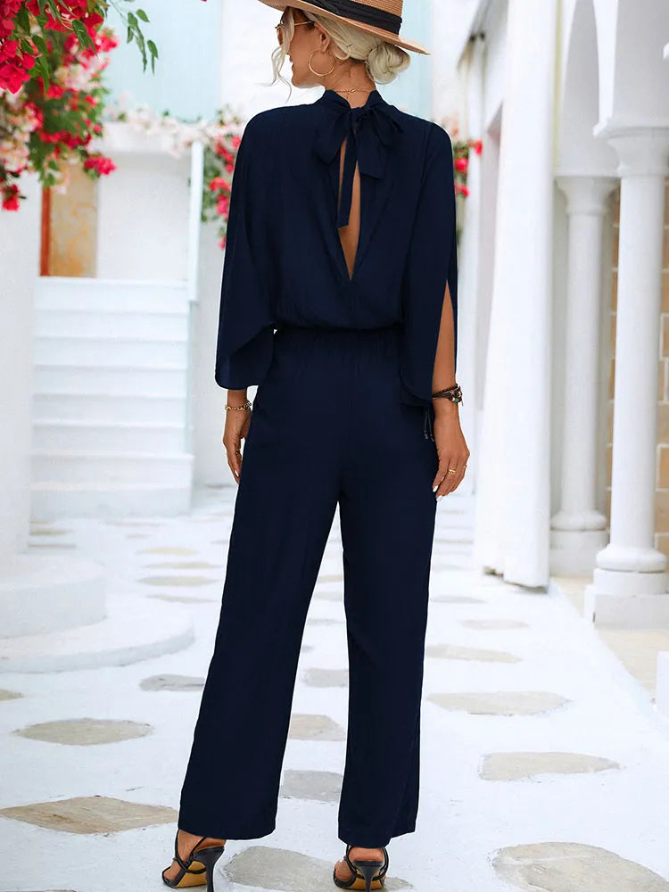 Ali Women's Jumpsuits Elegant Women Jumpsuits 2023 Spring Loose Stand Collar Split Sleeve Office Romper Fashion Black Women Overalls Streetwear Female