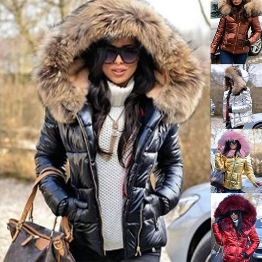 Ali Women's Winter Warm Quilting Thickened Snow Coat Short Solid Color Hooded Fur Collar Fashion Cotton-padded Jacket Waterproof