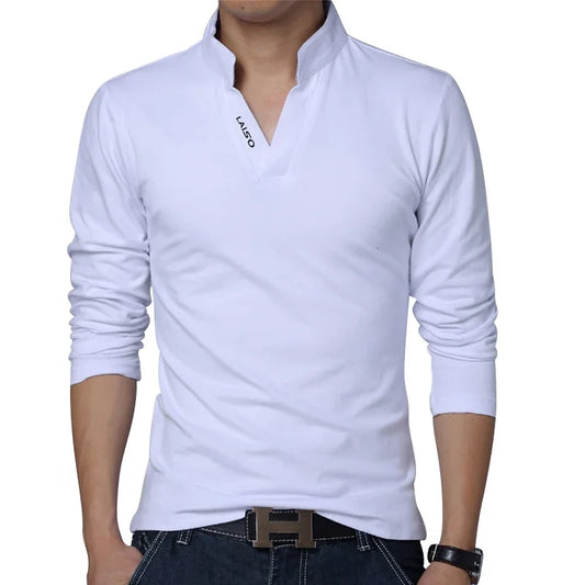 Ali Big Size S-5XL Mens Fashion Boutique Cotton Leisure Stand Collar Long Sleeve POLO Shirts Male Pure Color V-neck POLO Shirts