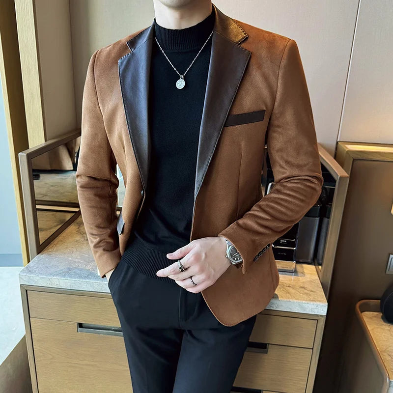 Ali Men's Blazers 2023 High Quality Handsome Fashion Business Casual Suede Leather Matching Suit Korean Version Handsome Fashion Suit