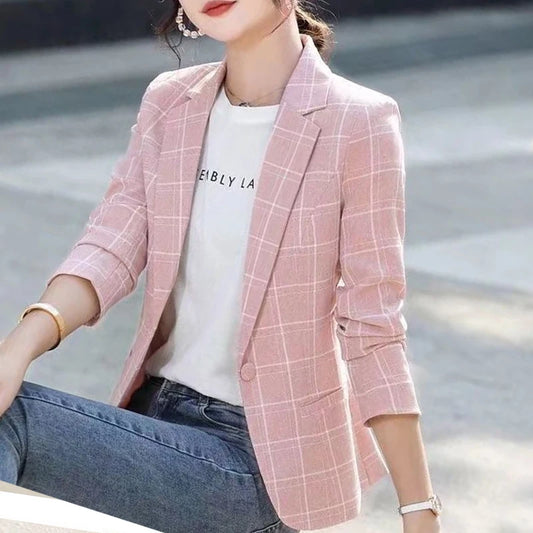 Ali Women's Clothing Button Notched Temperament Simplicity Skinny Office Lady Business Casual Plaid Printing Spring Summer Blazers