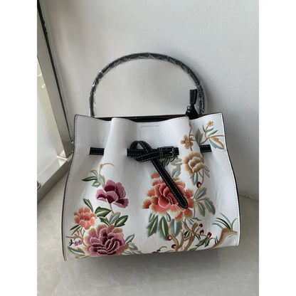 Ali MOTAORA New Vintage Big Capacity Shoulder Bag Women Chinese Style Embroidery Handbag Luxury Leather Bucket Crossbody Bags Ladies