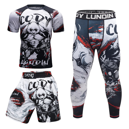 Ali Cody Lundin 3d Brazilian Jiu Jitsu Manto T-shirt + Grappling Leggings Boxing Shorts 4 in 1 Wrestling Muscle Rashguard Men's Set
