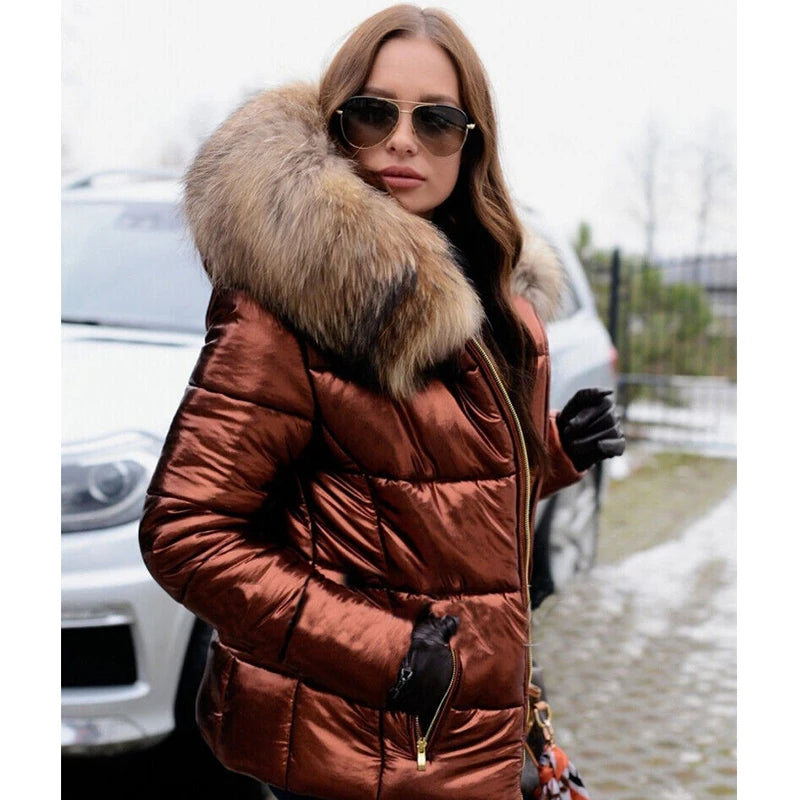Ali Women's Winter Warm Quilting Thickened Snow Coat Short Solid Color Hooded Fur Collar Fashion Cotton-padded Jacket Waterproof