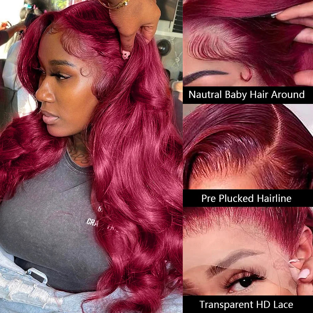 Ali 99j Burgundy Wig 13x4 HD Transparent Lace Front Human Hair Body Wave Red Colored Lace Frontal Wig Brazilian Human Hair Wigs