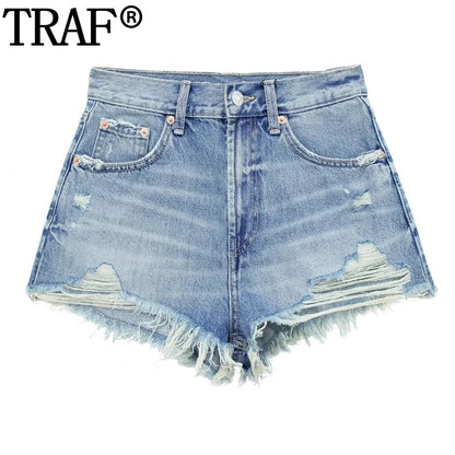 Ali Women's Jeans TRAF Women's Jeans Shorts Blue Black Denim Shorts Women High Waist Summer Shorts Woman Fashion Ripped Streetwear Short Pants