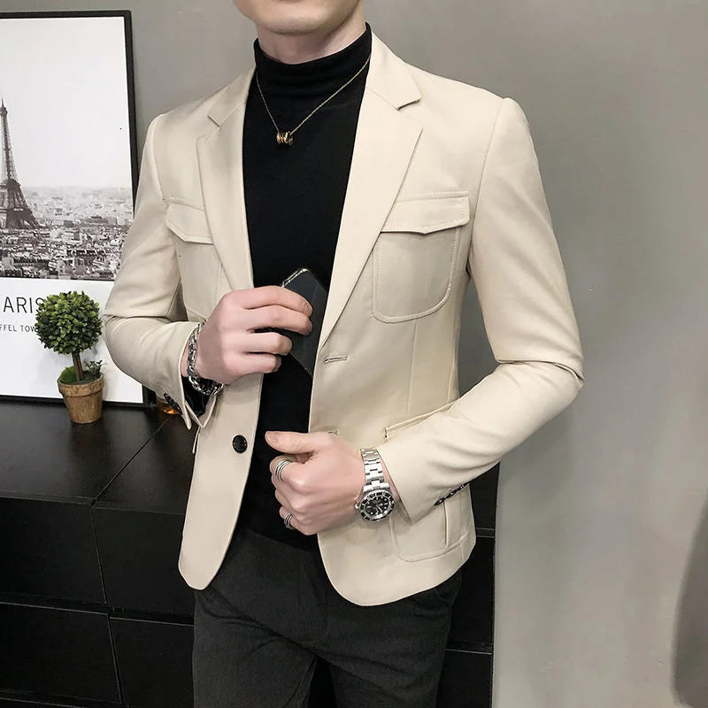 Ali Men's Blazers Safari Men Sport Blazer Double Chest Pocket Slim Suit Jacket Slim Fit Men Blazers New Fashion Designer Casual Blazer Hombre