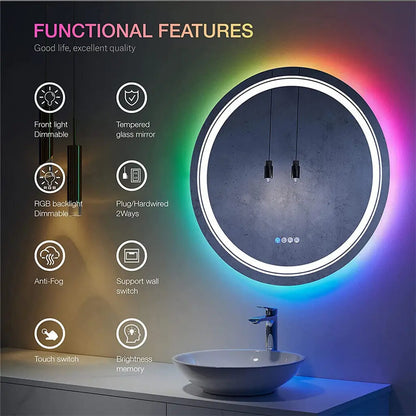 Ali LUVODI Round Bathroom Mirror with LED Light RGB 8 Color Backlits Dimming Defogging  Mirror