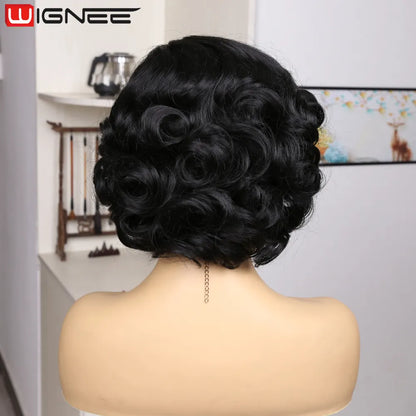 Ali Synthetic Hair WIGNEE Pixie Short Wigs Synthetic Hair Body Wave Wig Side Part Lace Wig Natural Hair Wigs For Women Black Wig Heat Resistant