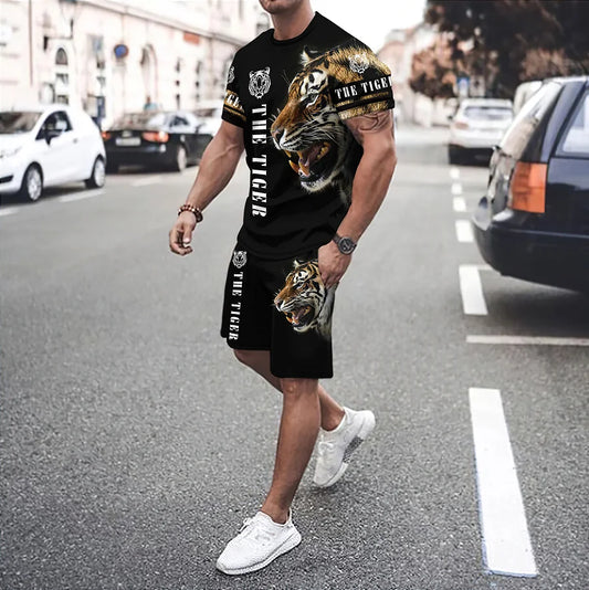 Ali 3D tiger lion print round neck short sleeved T-shirt and shorts 2-piece set for men's summer fashion vacation  clothing set