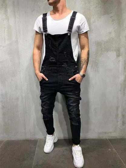 Ali Men's Jeans Men's Street Jeans One-Piece Suspenders Men's Jeans Ripped Baggy Wide-Leg Pants Four Seasons Casual Cargo Jeans New VAqueros